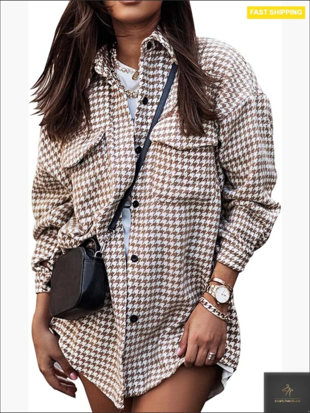 Oversized Houndstooth Plaid Button Down Shacket With Pockets Casual Flannel